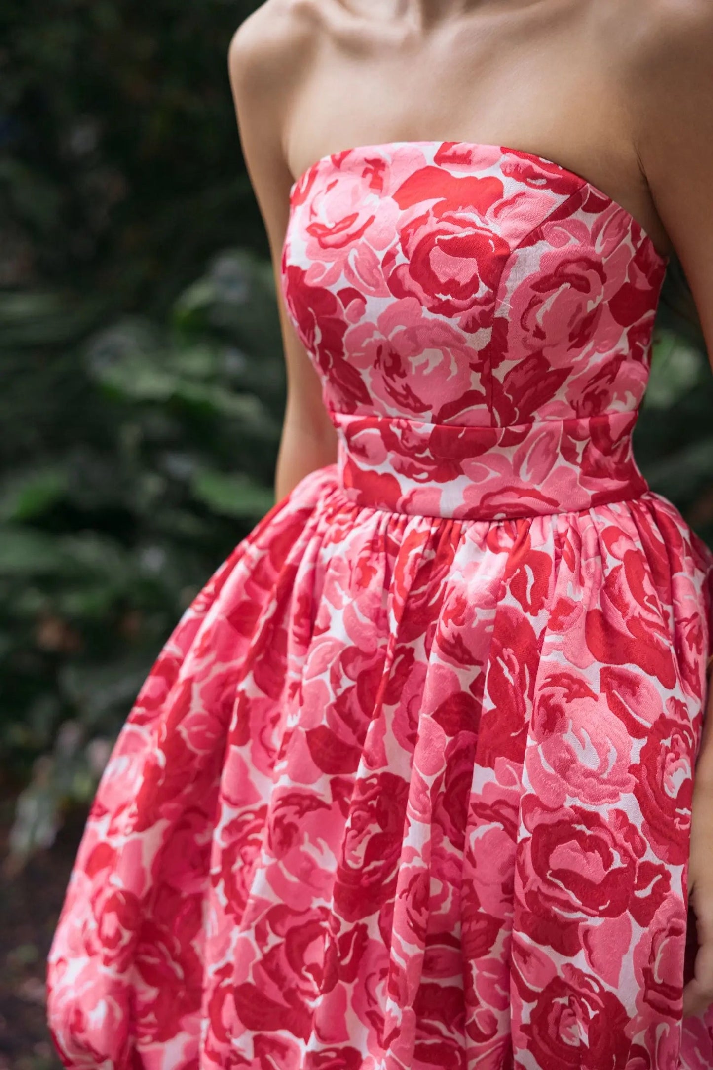 Pink Brocade Strapless Bubble Hem Ball Gown
