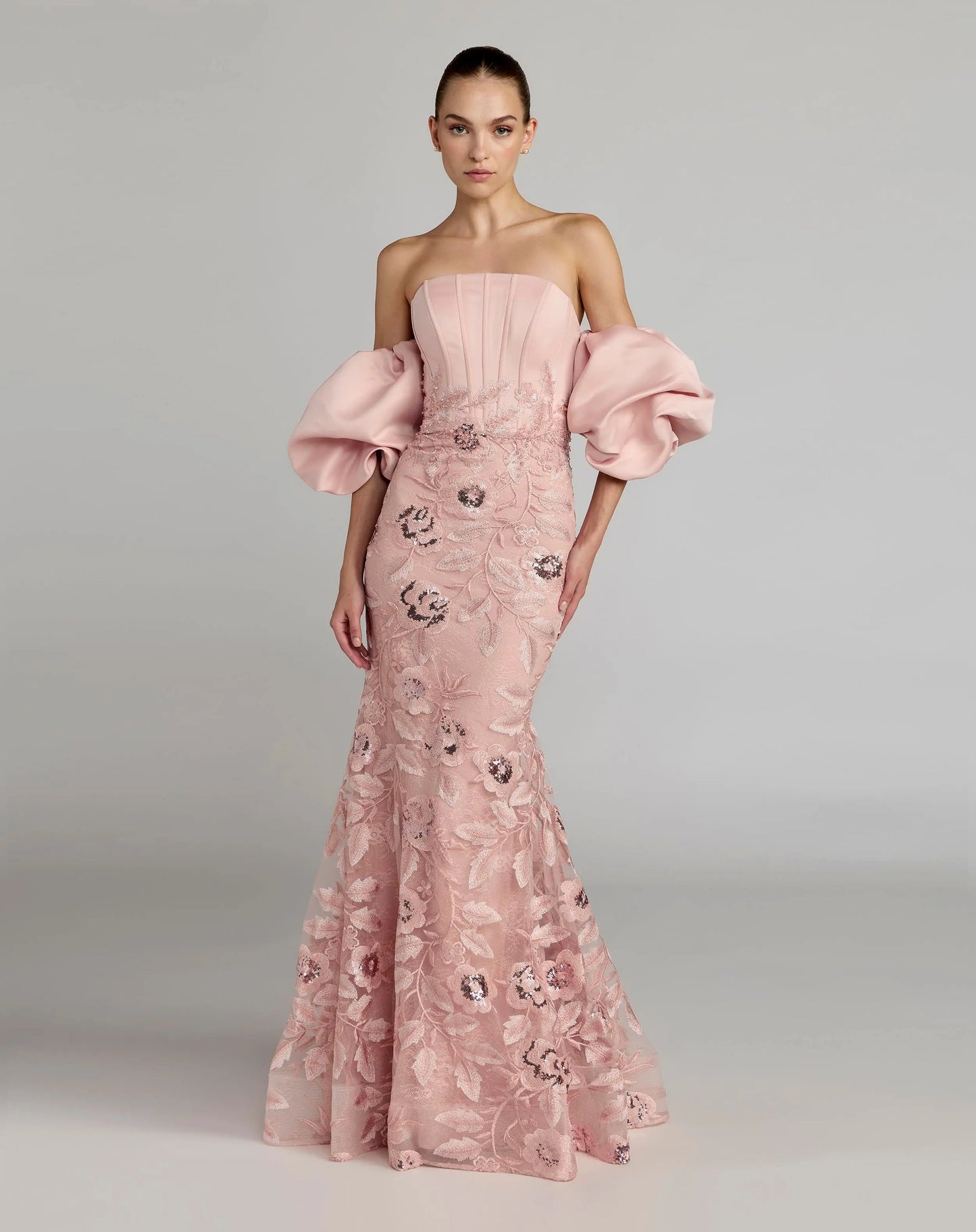 Pink Satin Off The Shoulder Embroidered Mermaid Gown
