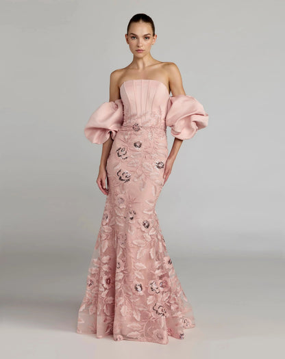 Pink Satin Off The Shoulder Embroidered Mermaid Gown