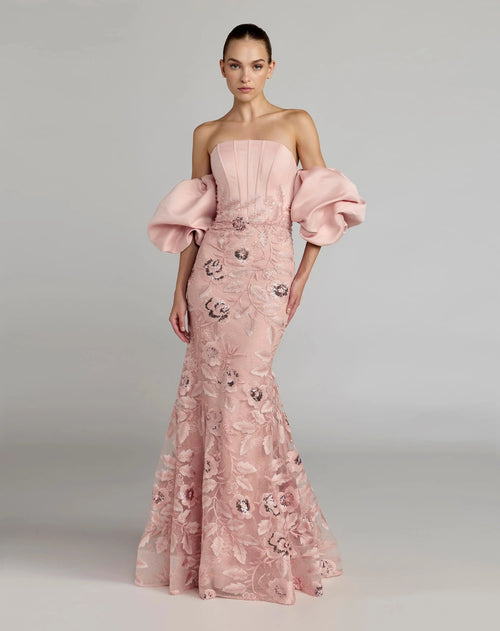 Pink Satin Off The Shoulder Embroidered Mermaid Gown