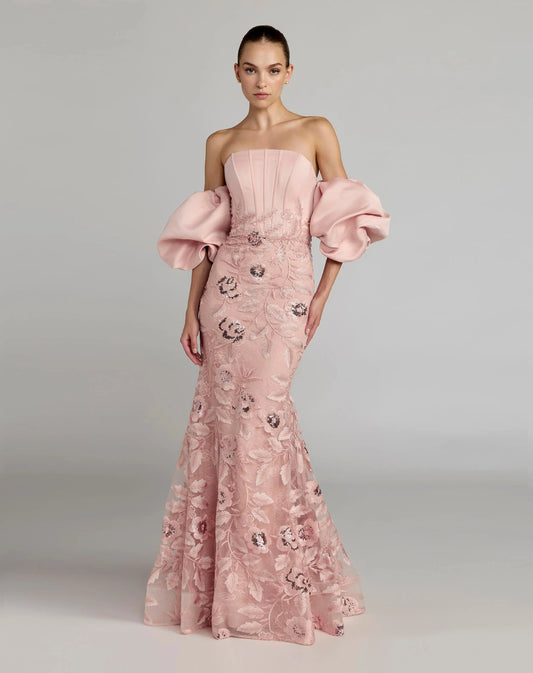 Pink Satin Off The Shoulder Embroidered Mermaid Gown