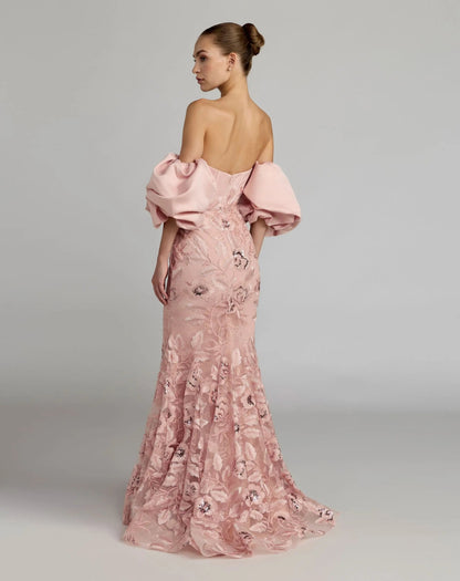 Pink Satin Off The Shoulder Embroidered Mermaid Gown