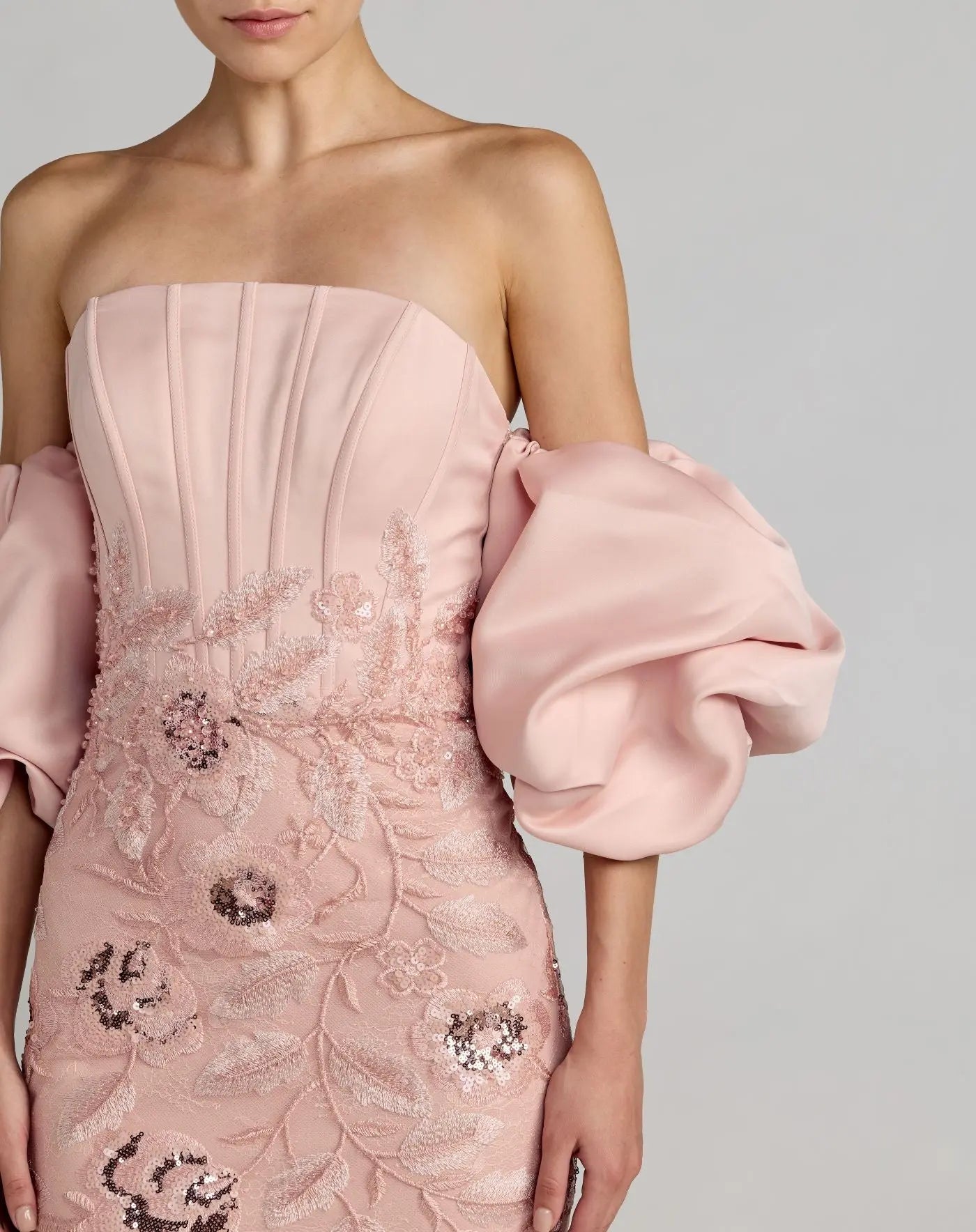 Pink Satin Off The Shoulder Embroidered Mermaid Gown
