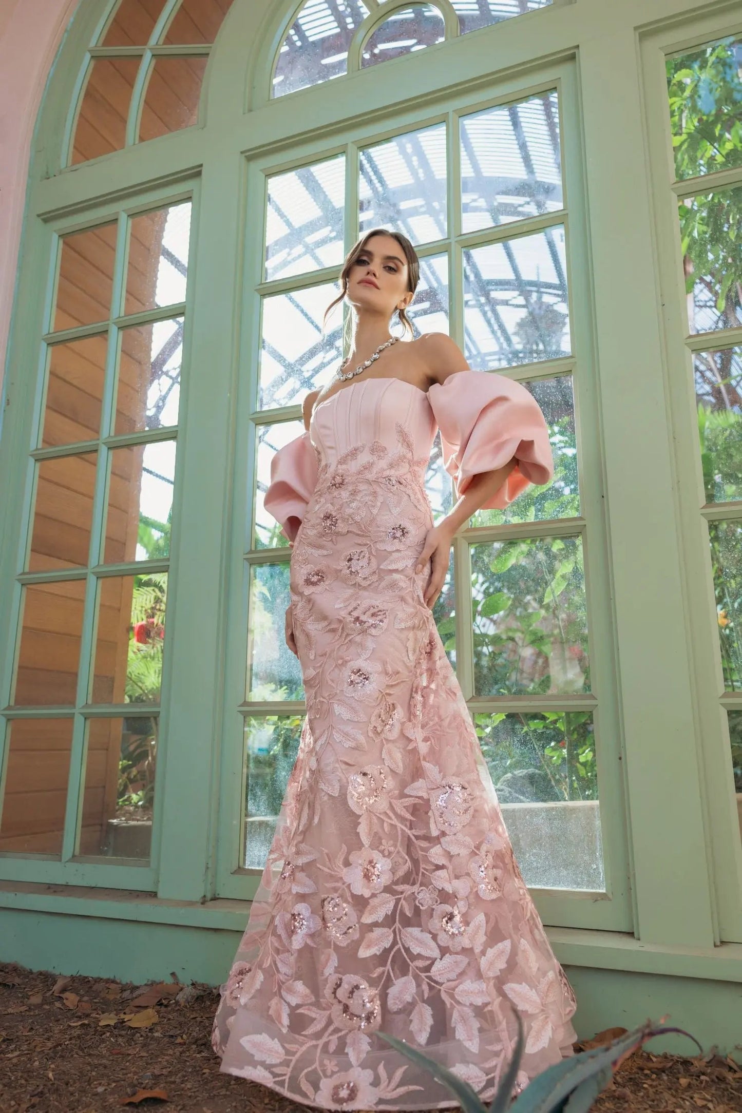 Pink Satin Off The Shoulder Embroidered Mermaid Gown