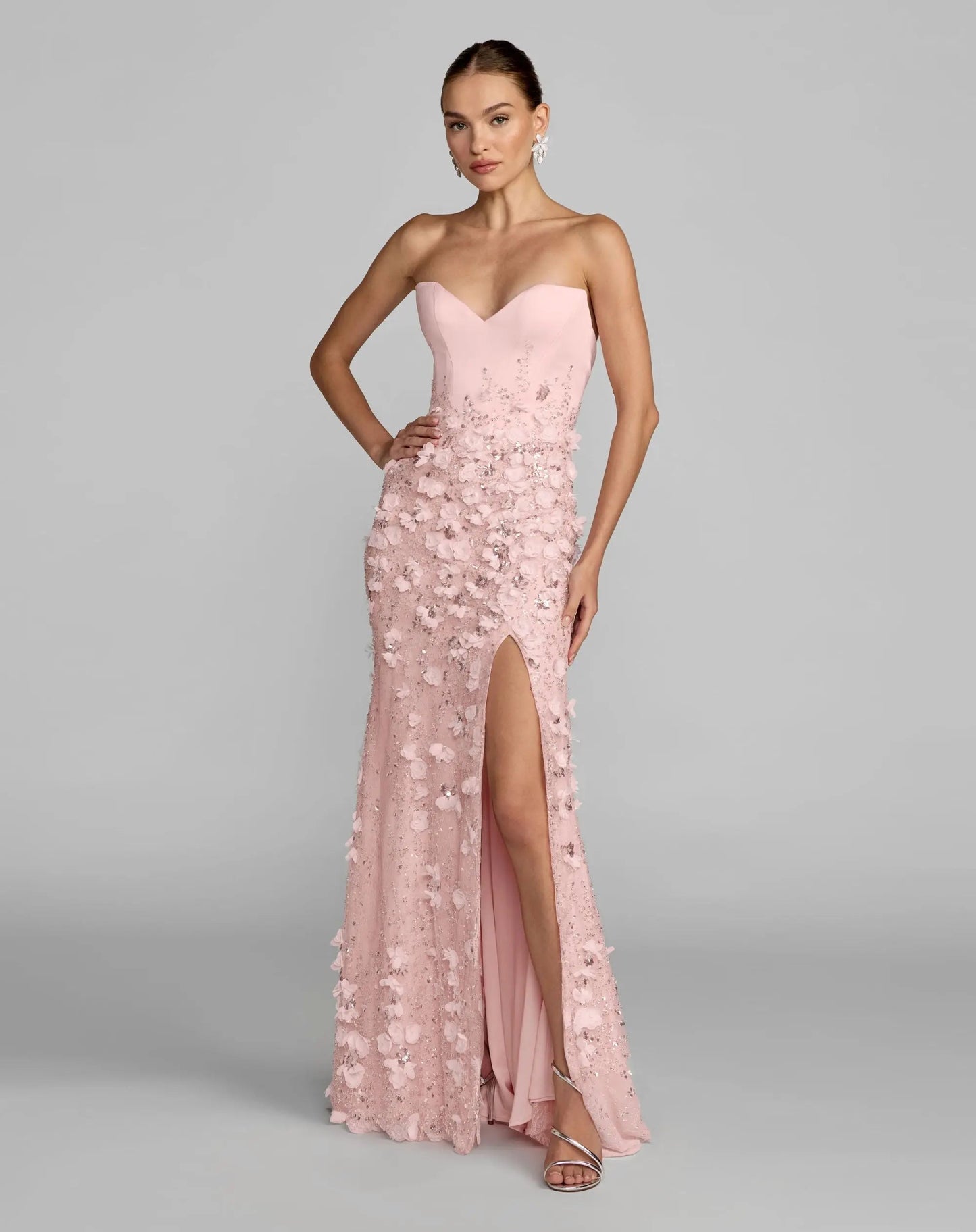 Pink 3D Floral Strapless Sweetheart Gown With Slit