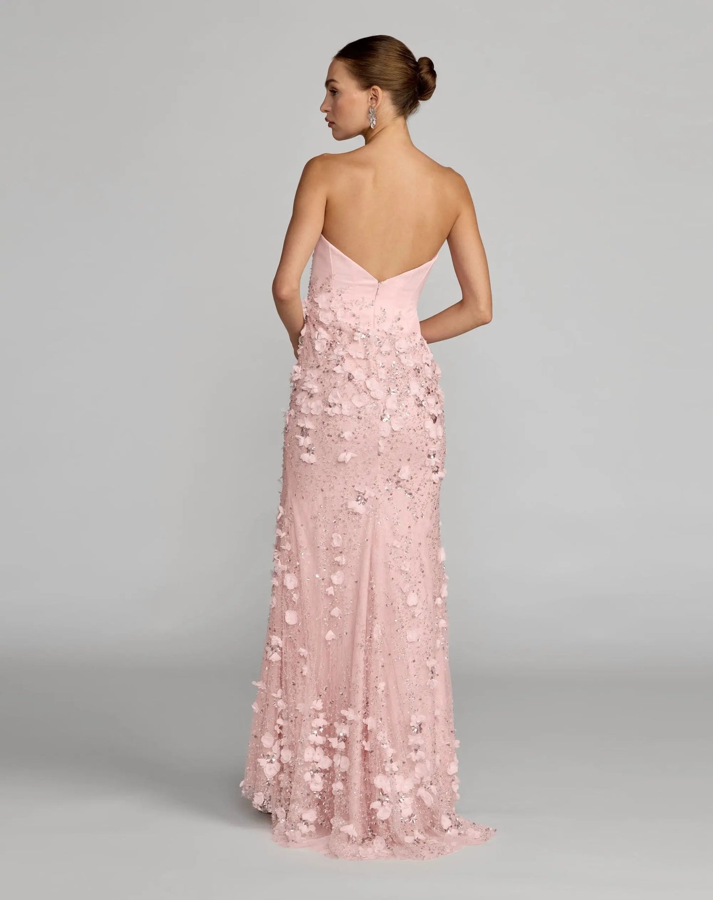 Pink 3D Floral Strapless Sweetheart Gown With Slit