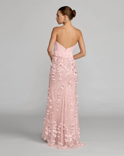 Pink 3D Floral Strapless Sweetheart Gown With Slit