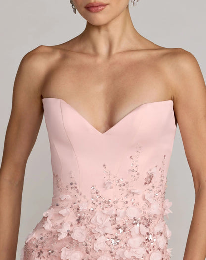 Pink 3D Floral Strapless Sweetheart Gown With Slit