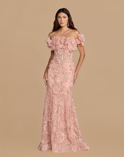 Pink Off The Shoulder Embellished Mermaid Gown