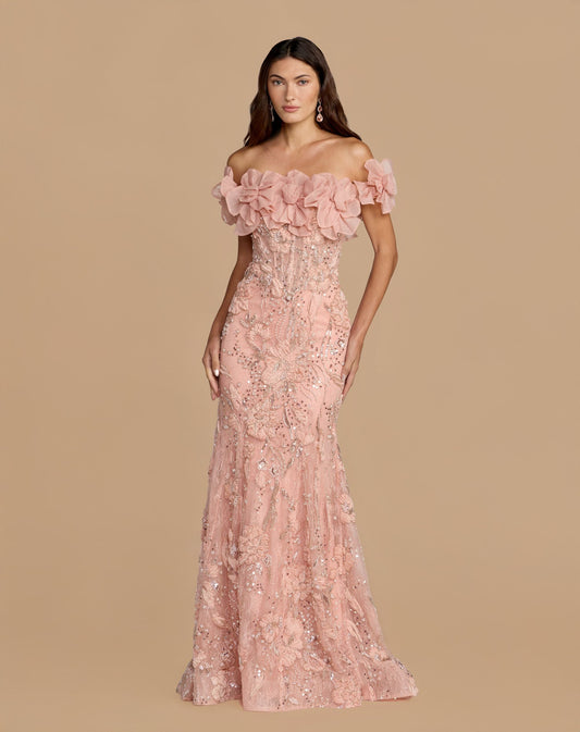 Pink Off The Shoulder Embellished Mermaid Gown