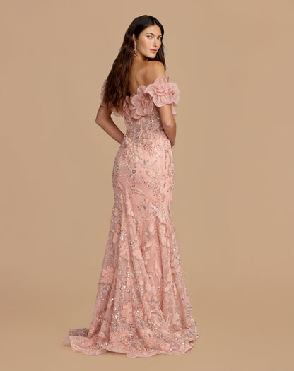 Pink Off The Shoulder Embellished Mermaid Gown