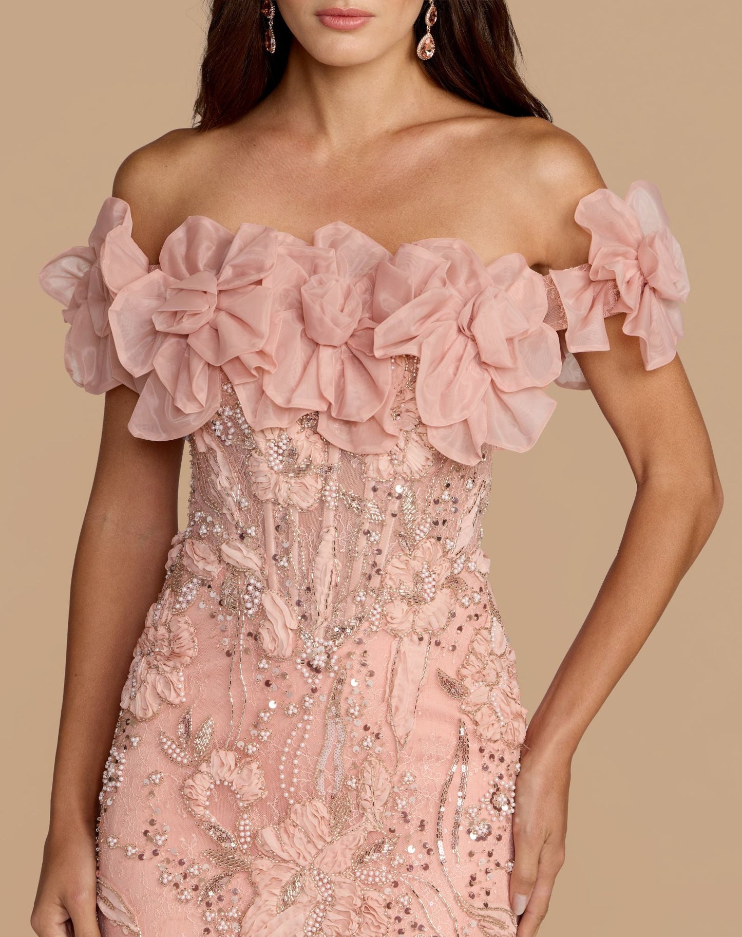 Pink Off The Shoulder Embellished Mermaid Gown