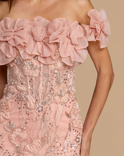 Pink Off The Shoulder Embellished Mermaid Gown