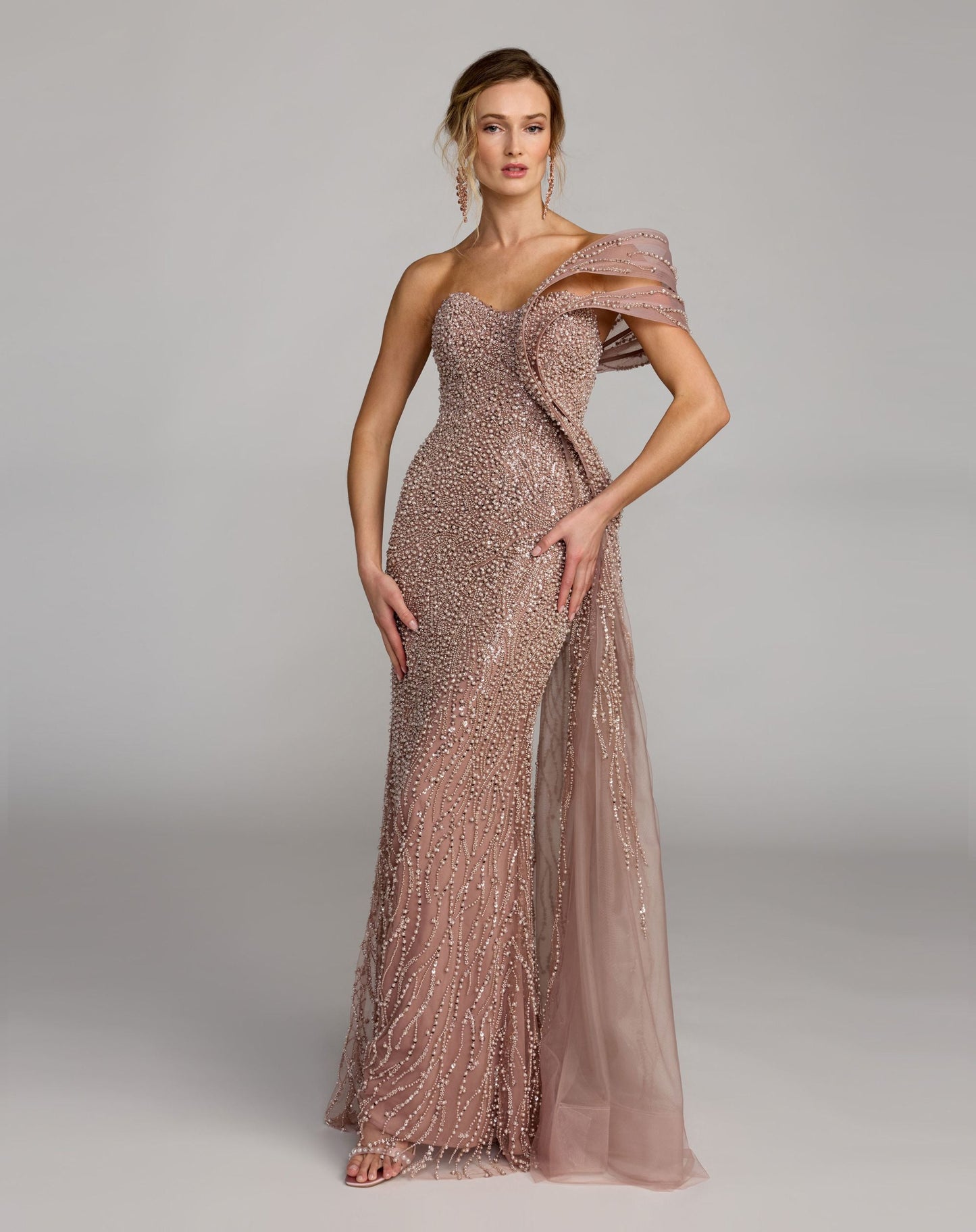 Pink One Shoulder Embellished Gown With Drape Detail