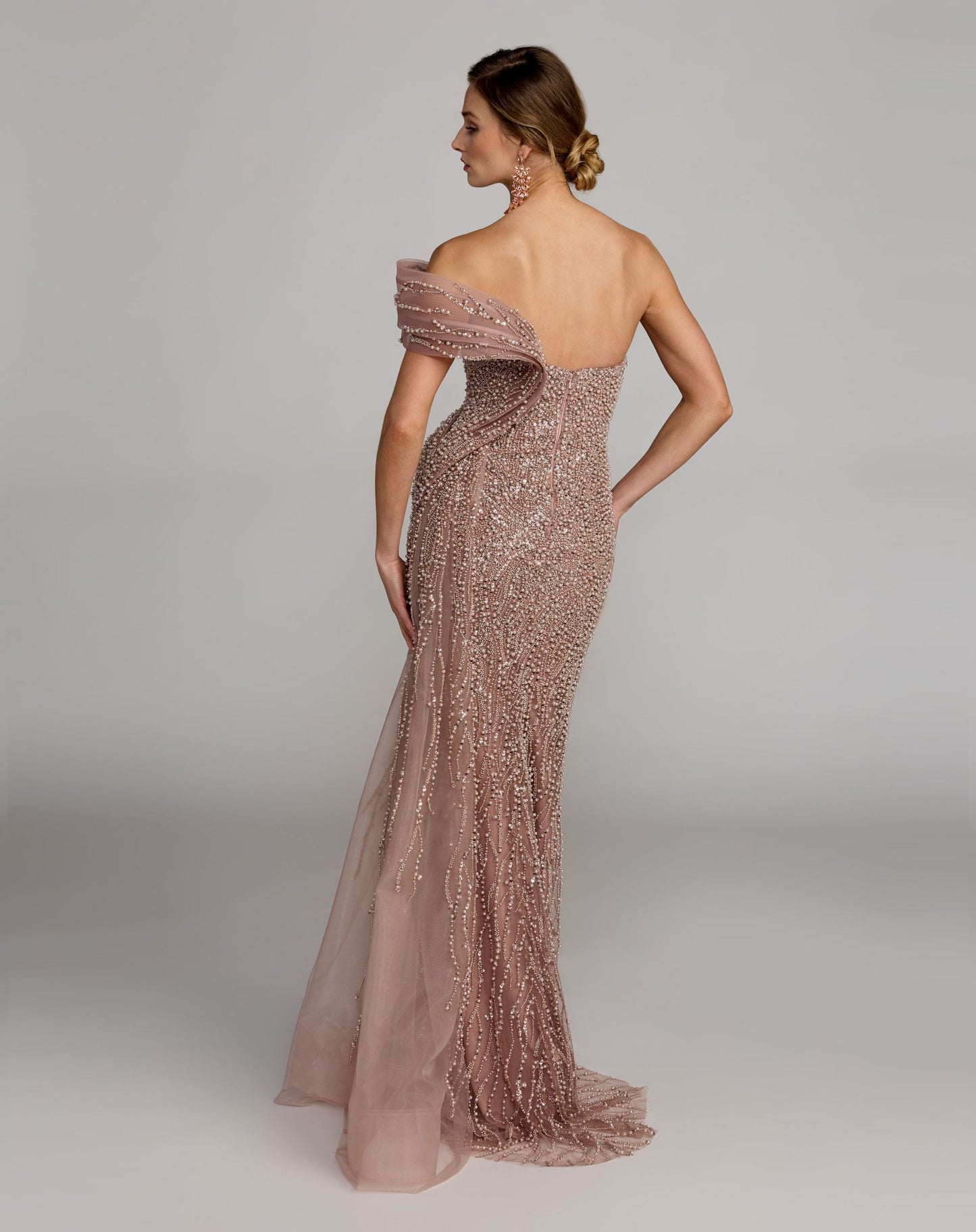 Pink One Shoulder Embellished Gown With Drape Detail