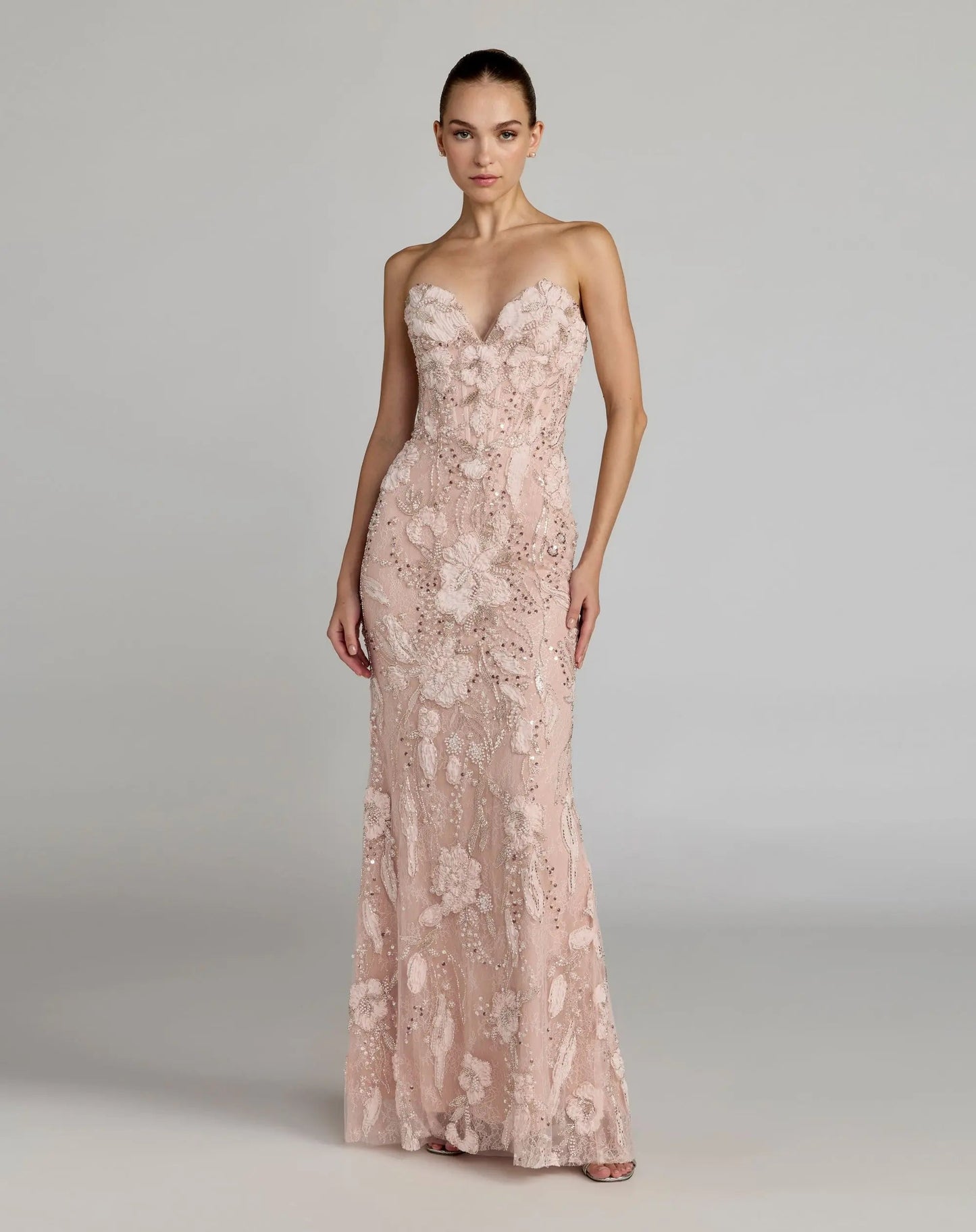 Pink Embellished Lace Strapless Sweetheart Gown