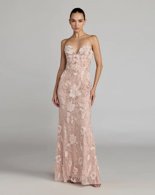 Pink Embellished Lace Strapless Sweetheart Gown