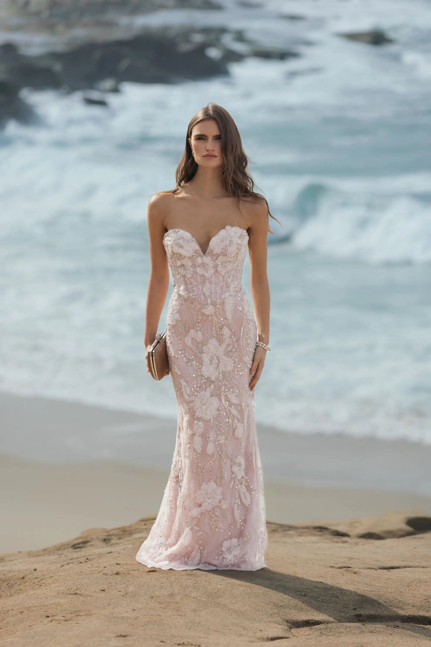 Pink Embellished Lace Strapless Sweetheart Gown