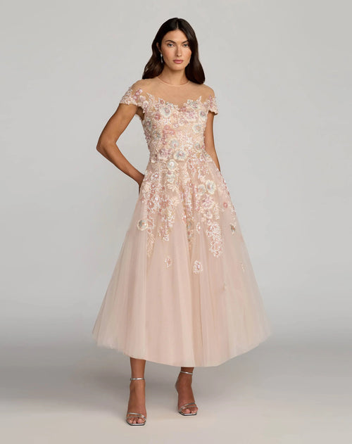 Pink Embroidered Tulle High Neck Cap Sleeve Dress
