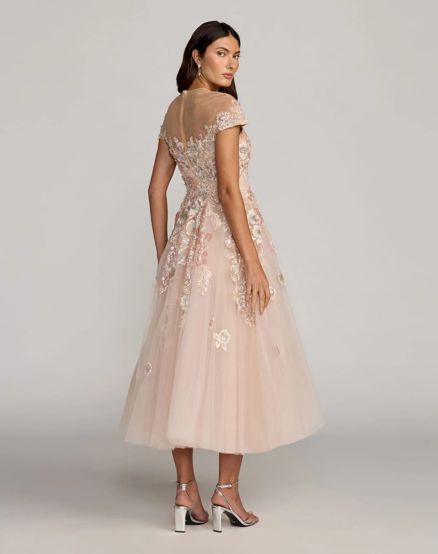 Pink Embroidered Tulle High Neck Cap Sleeve Dress