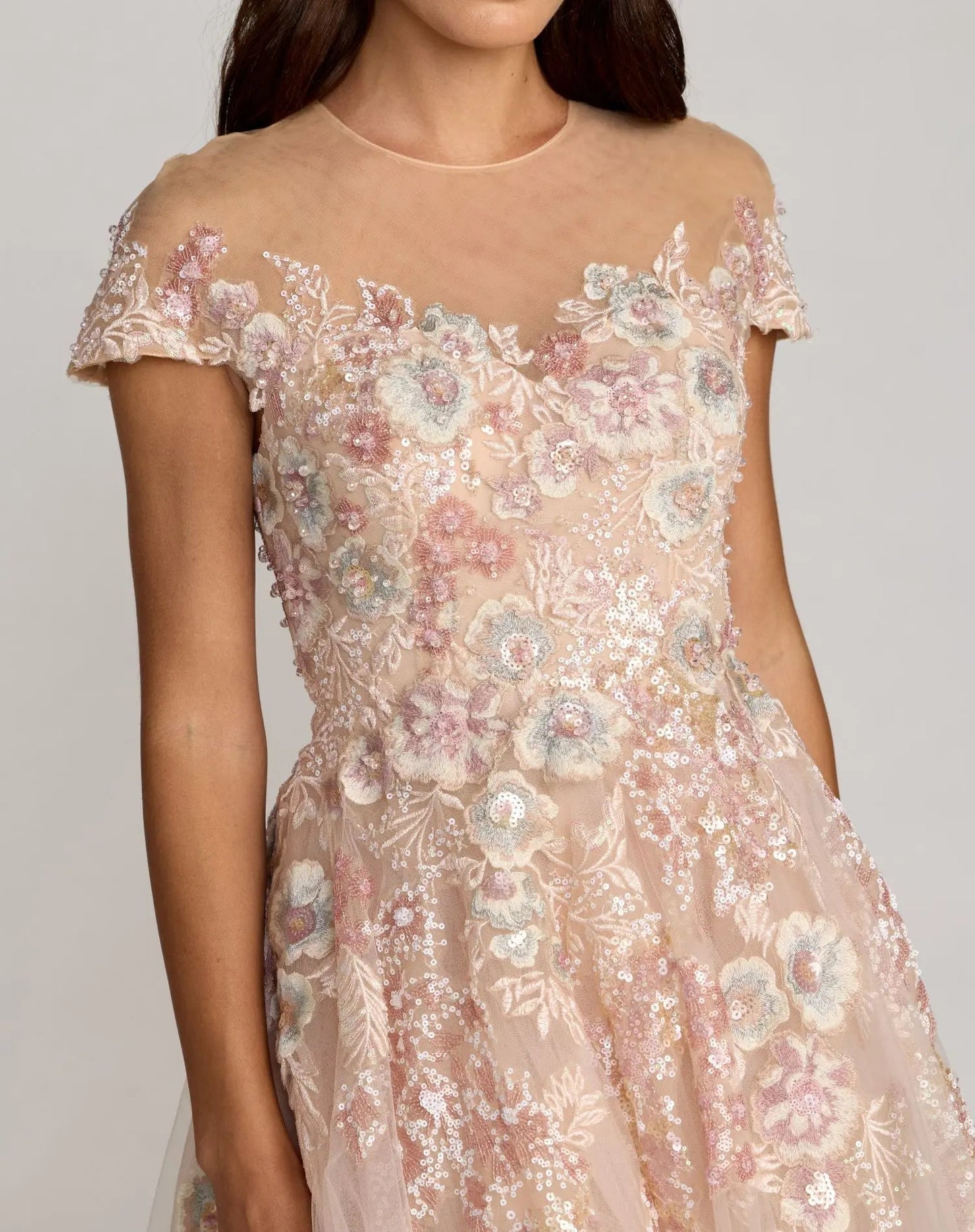 Pink Embroidered Tulle High Neck Cap Sleeve Dress