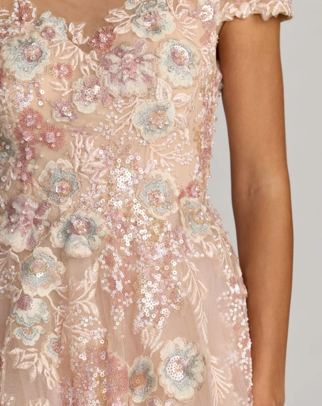 Pink Embroidered Tulle High Neck Cap Sleeve Dress