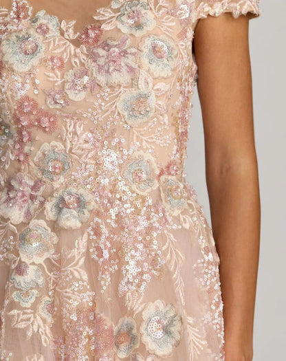 Pink Embroidered Tulle High Neck Cap Sleeve Dress