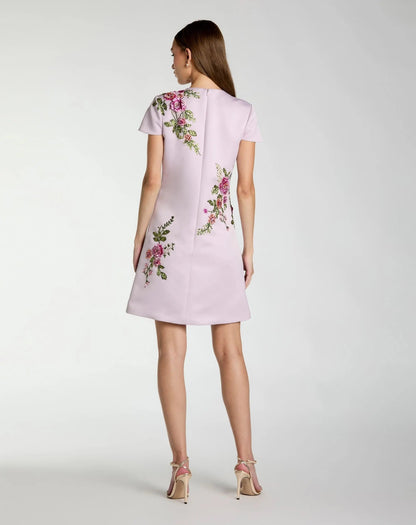 Purple Cap Sleeve Embroidered Satin Mini Dress