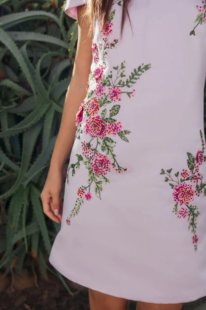 Purple Cap Sleeve Embroidered Satin Mini Dress