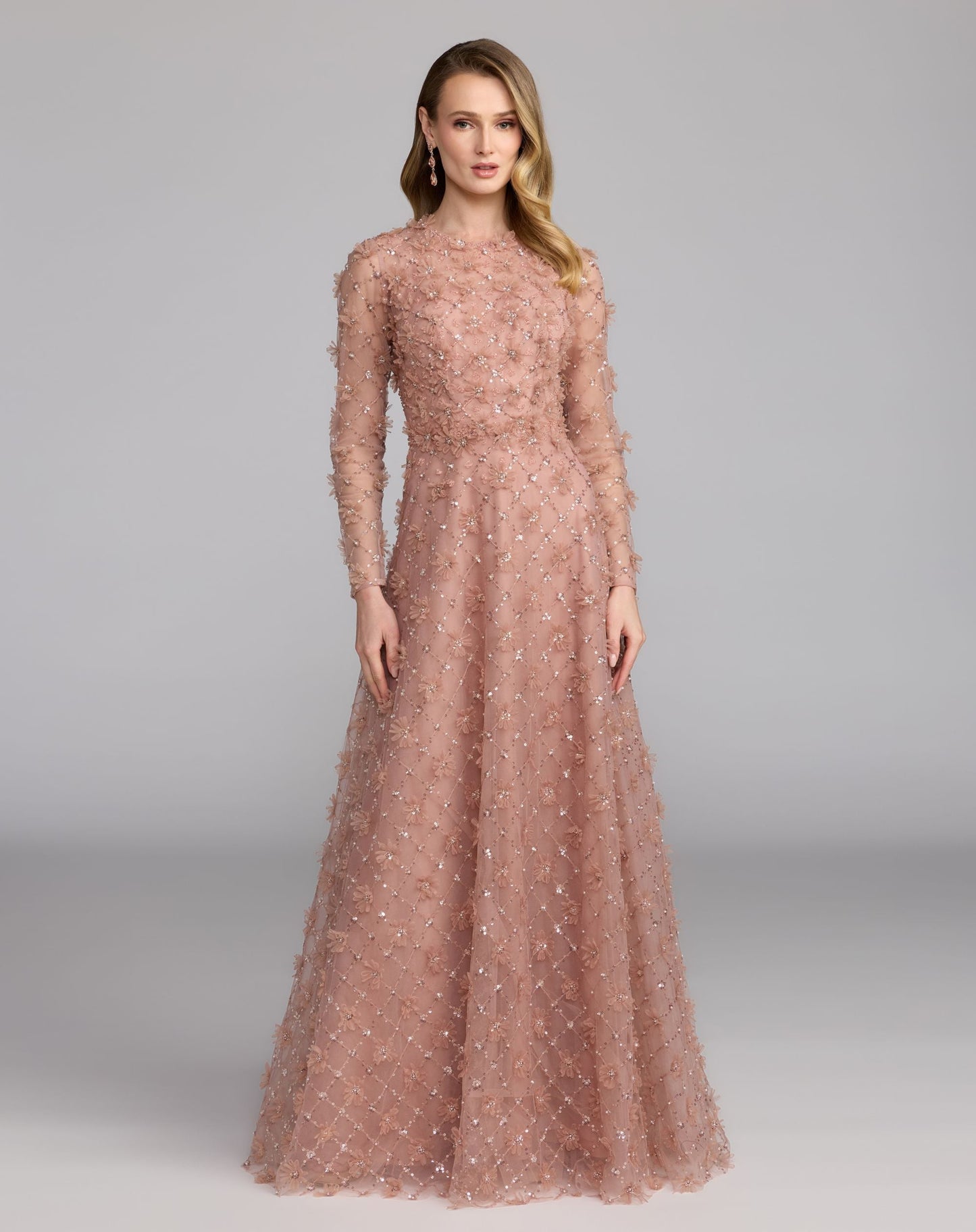 Pink High Neck Long Sleeve Embellished A-Line Gown
