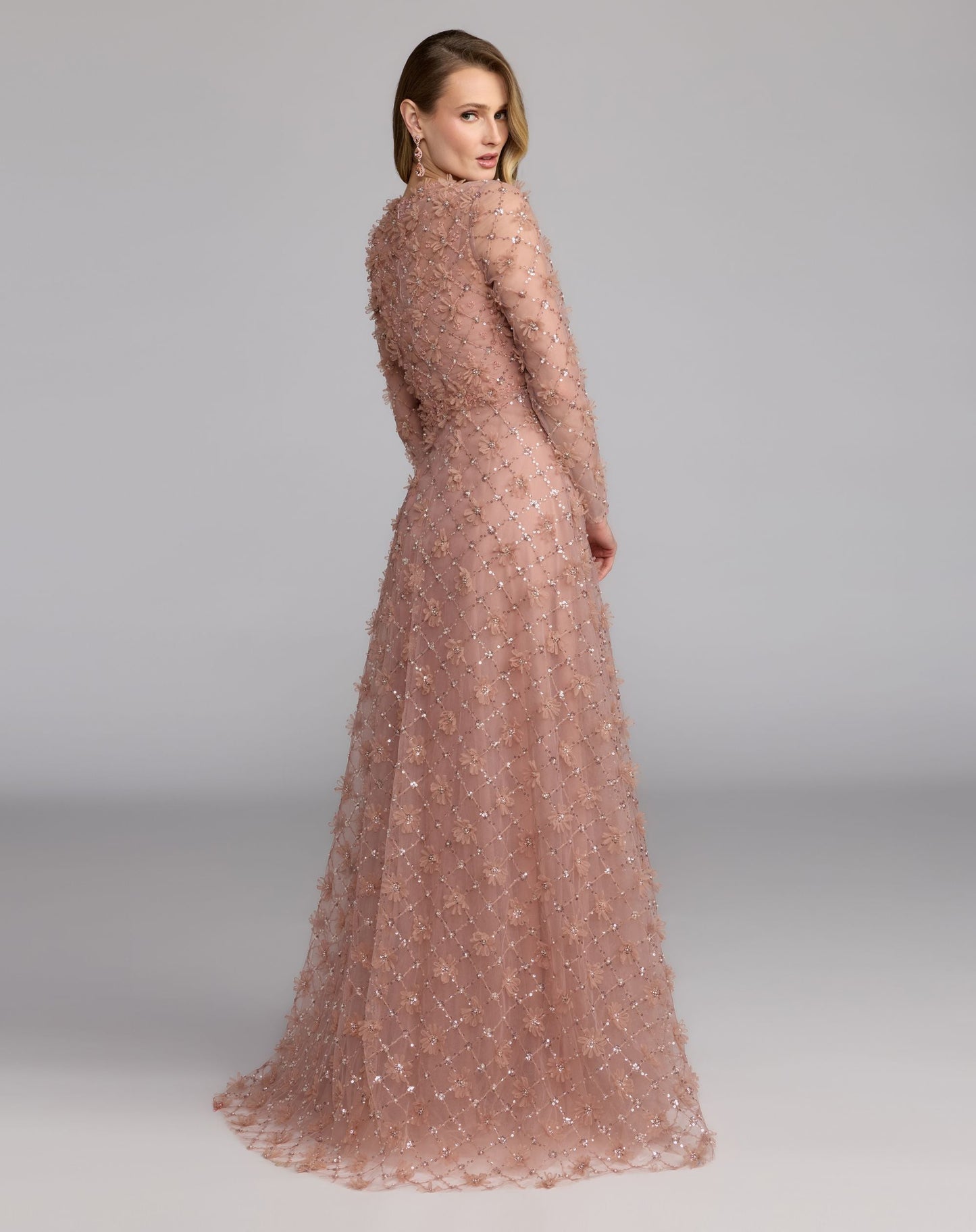 Pink High Neck Long Sleeve Embellished A-Line Gown