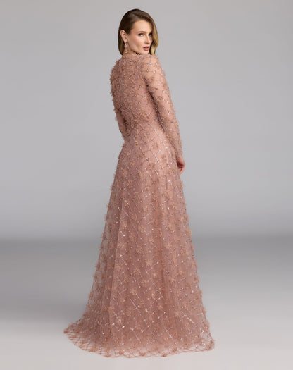 Pink High Neck Long Sleeve Embellished A-Line Gown