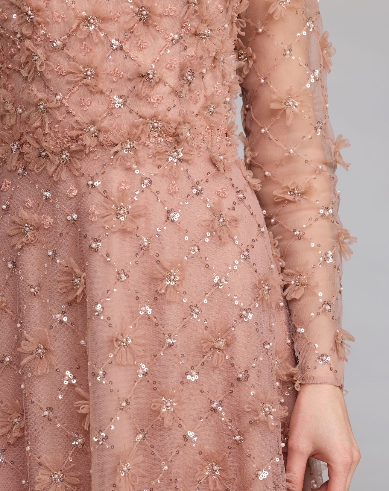 Pink High Neck Long Sleeve Embellished A-Line Gown