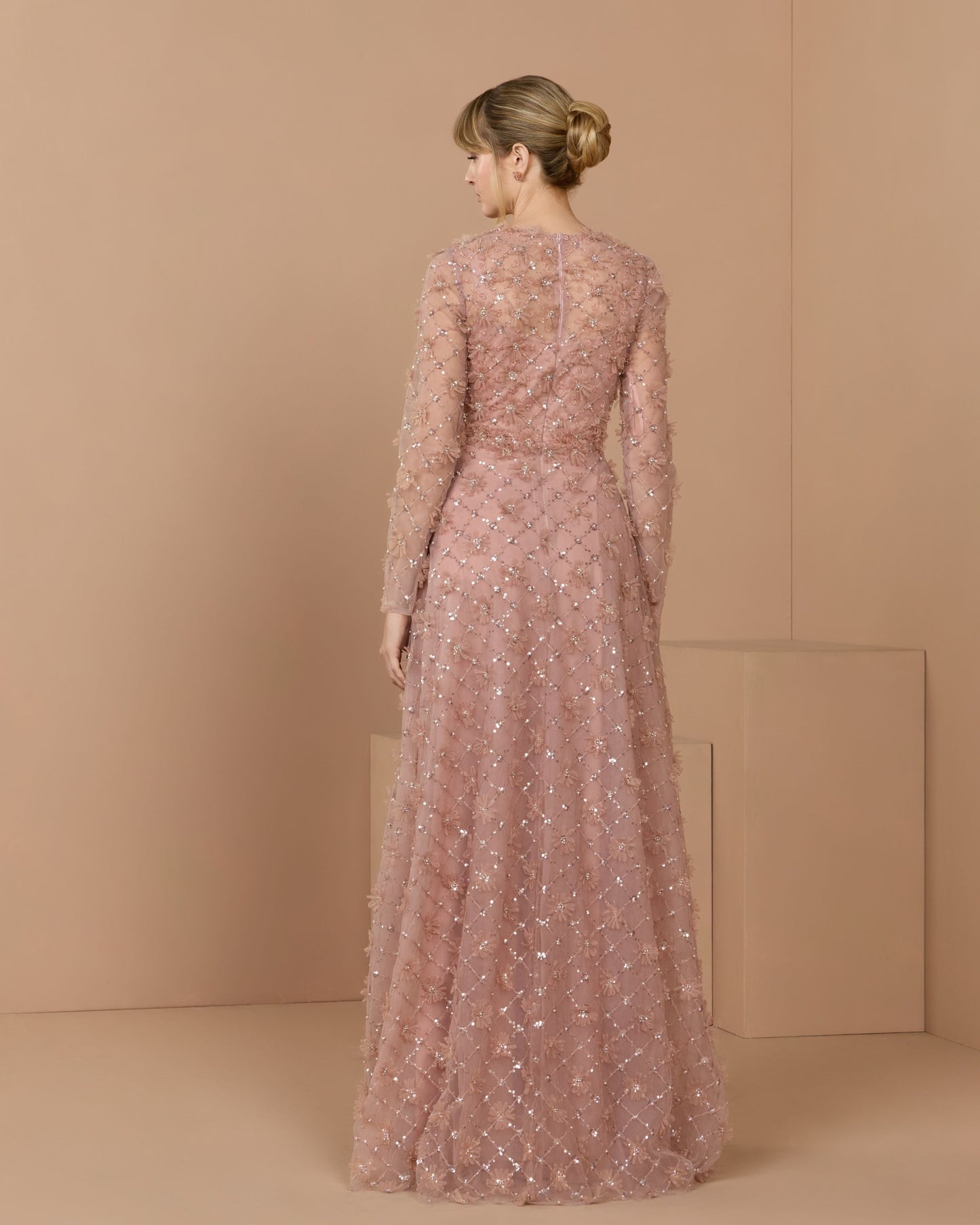 Pink High Neck Long Sleeve Embellished A-Line Gown
