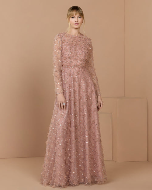 Pink High Neck Long Sleeve Embellished A-Line Gown