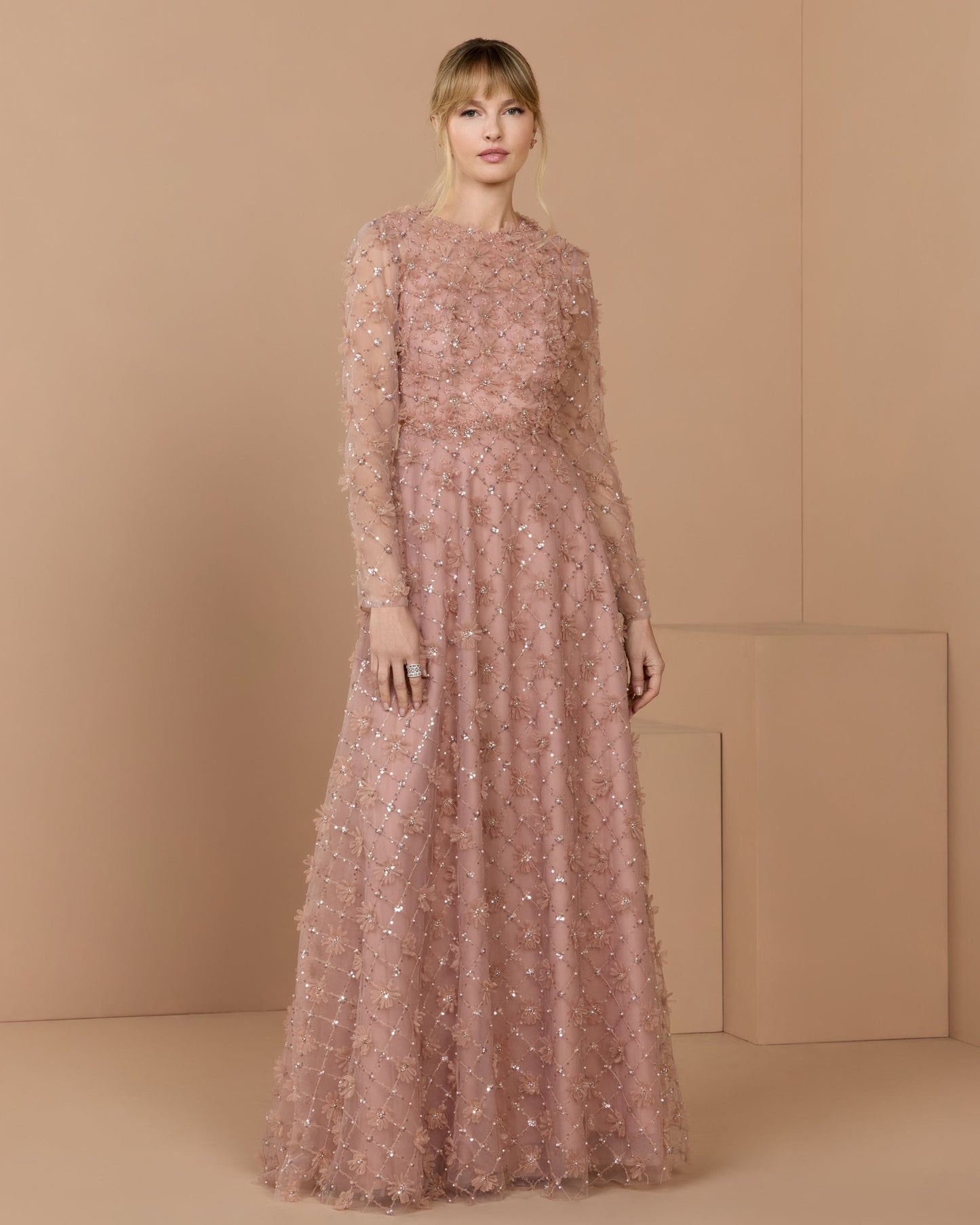 Pink High Neck Long Sleeve Embellished A-Line Gown