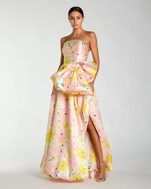 Pink Strapless Floral Ball Gown With Bow