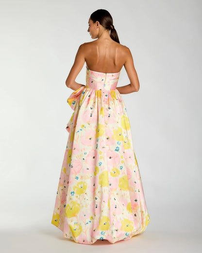 Pink Strapless Floral Ball Gown With Bow