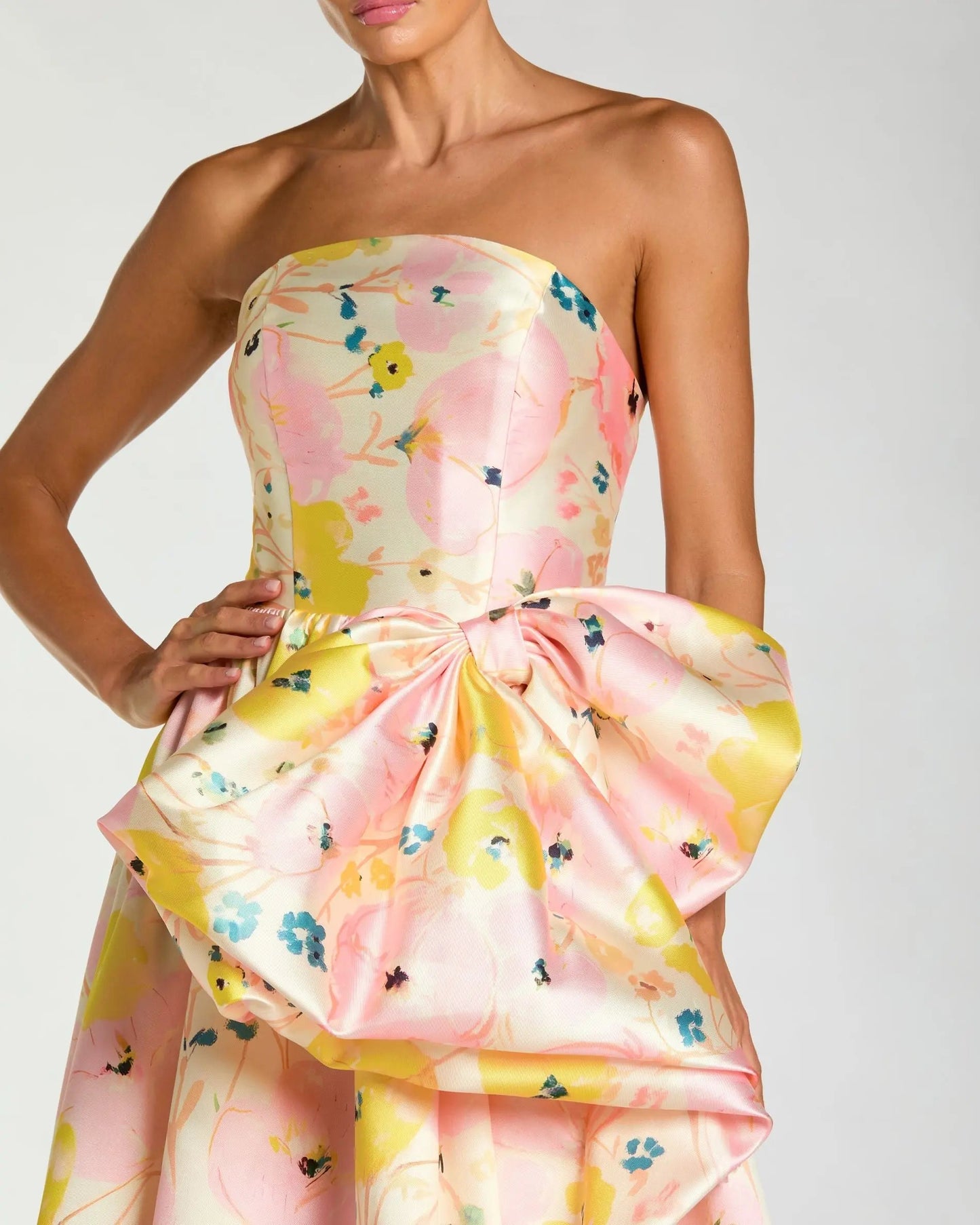 Pink Strapless Floral Ball Gown With Bow