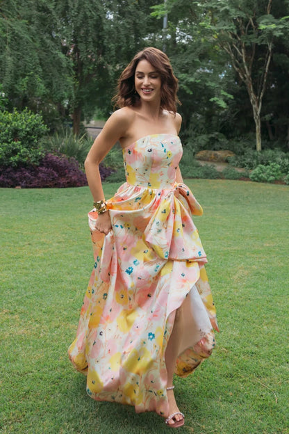 Pink Strapless Floral Ball Gown With Bow