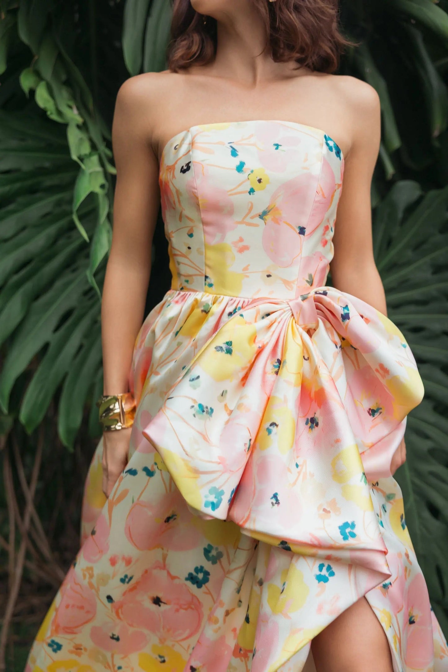 Pink Strapless Floral Ball Gown With Bow