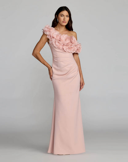 Pink One Shoulder Crepe Gown With 3D Flowers