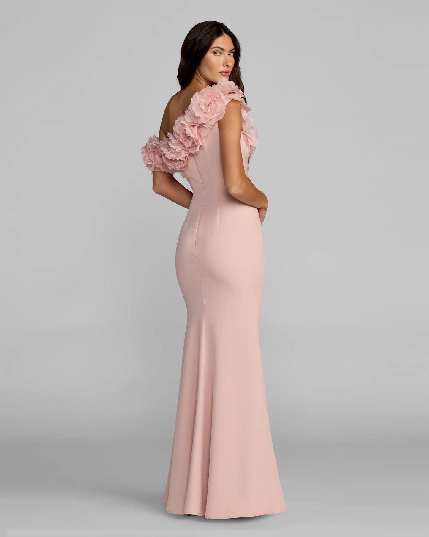 Pink One Shoulder Crepe Gown With 3D Flowers