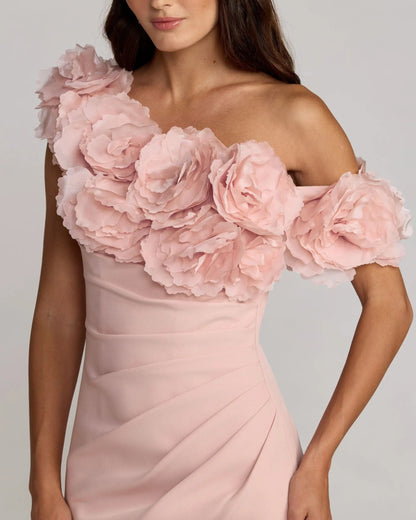 Pink One Shoulder Crepe Gown With 3D Flowers