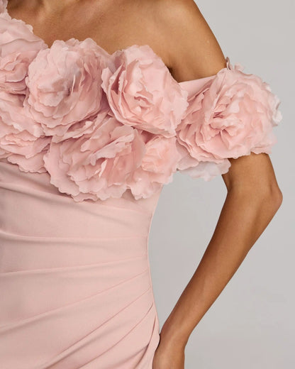 Pink One Shoulder Crepe Gown With 3D Flowers