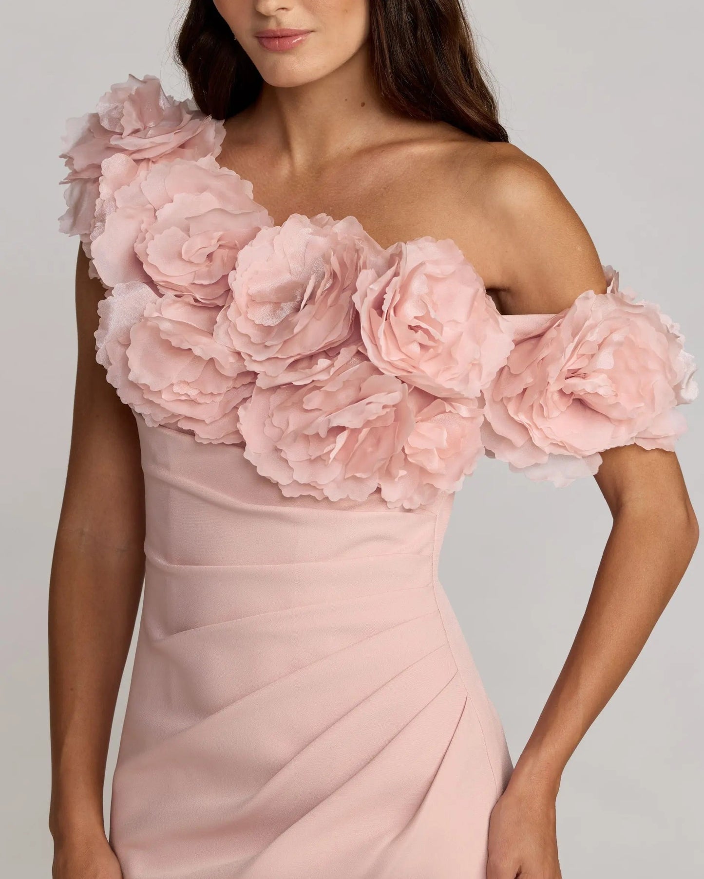 Pink One Shoulder Crepe Gown With 3D Flowers