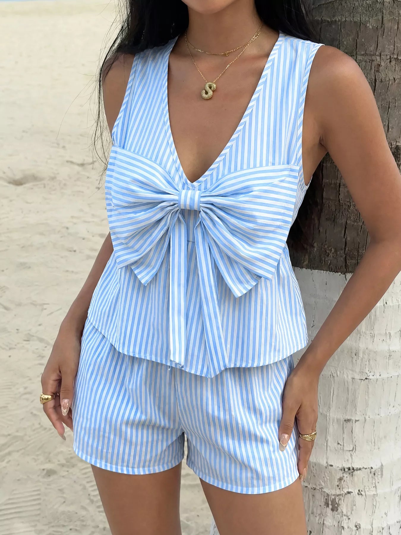 Hazel Blues® |  Striped Bowknot Sleeveless Top & Shorts Set