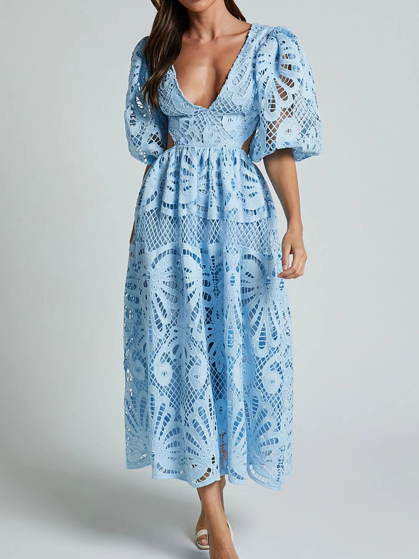 Hazel Blues® |  Cutout Back Lace Crochet V-Neck Dress