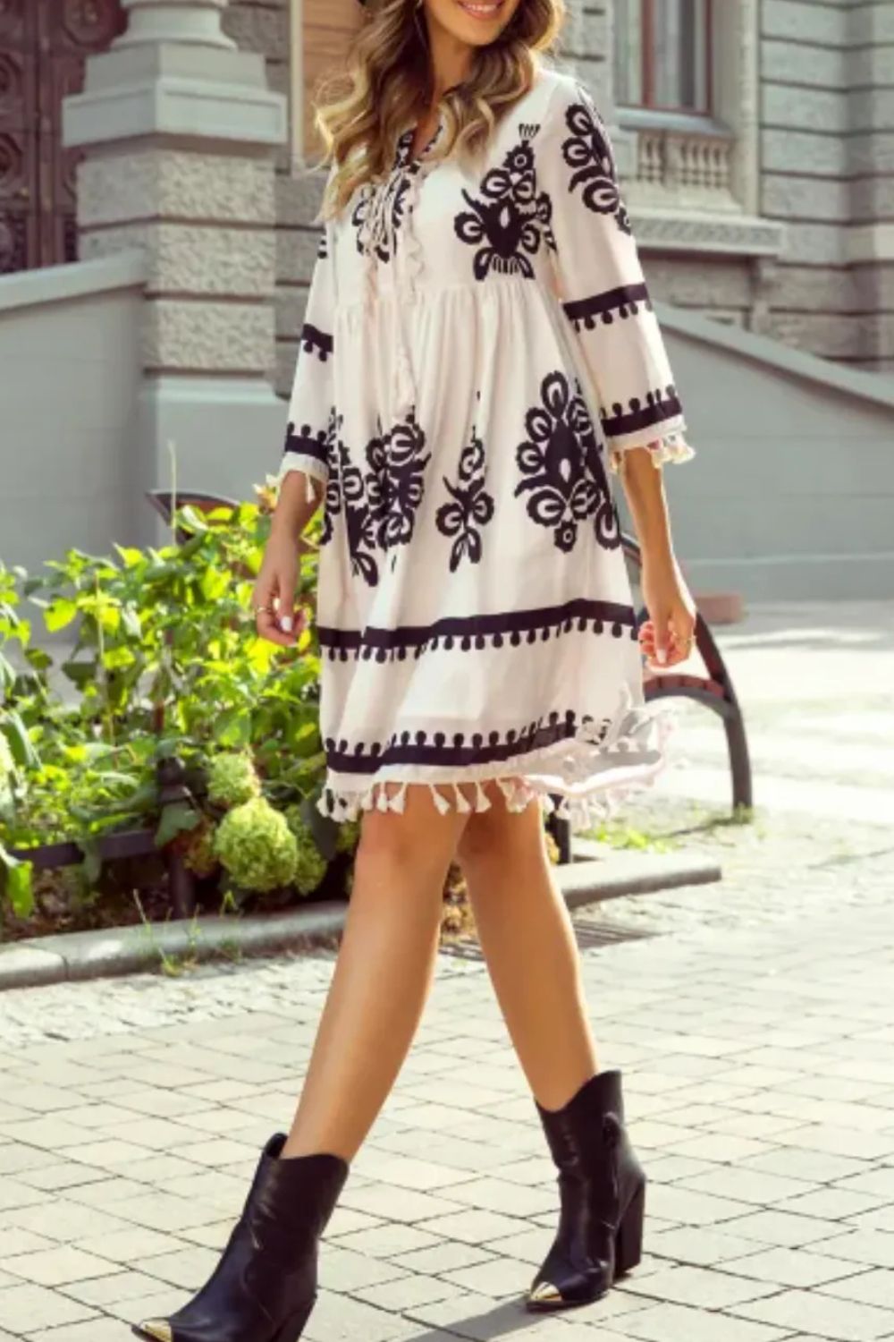 Hazel Blues® |  Tassel Hem 3/4 Sleeve Mini Dress