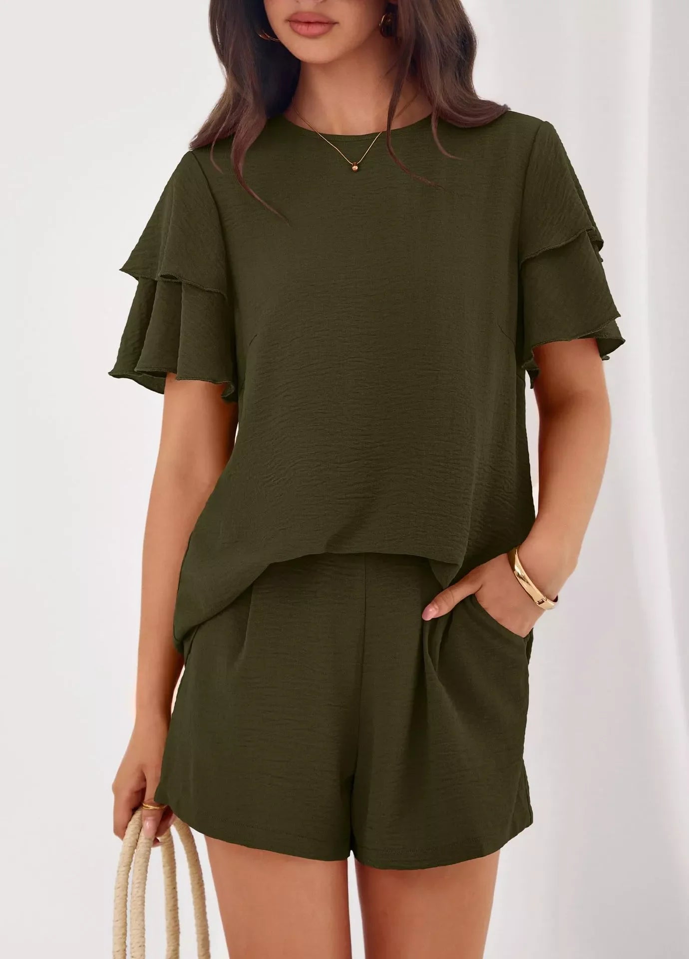 Hazel Blues® |  Ruffle Sleeve Top and Shorts Two-Piece Set